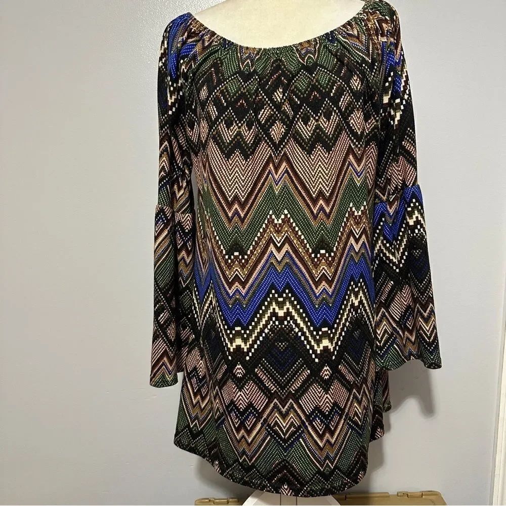 Win Win womens multi color Flare Bottom Tunic pullover top dress size L-XL